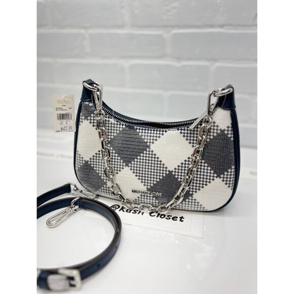 Michael Kors cora sequence plaid medium shoulder purse crossbody bag navy - Picture 2 of 6